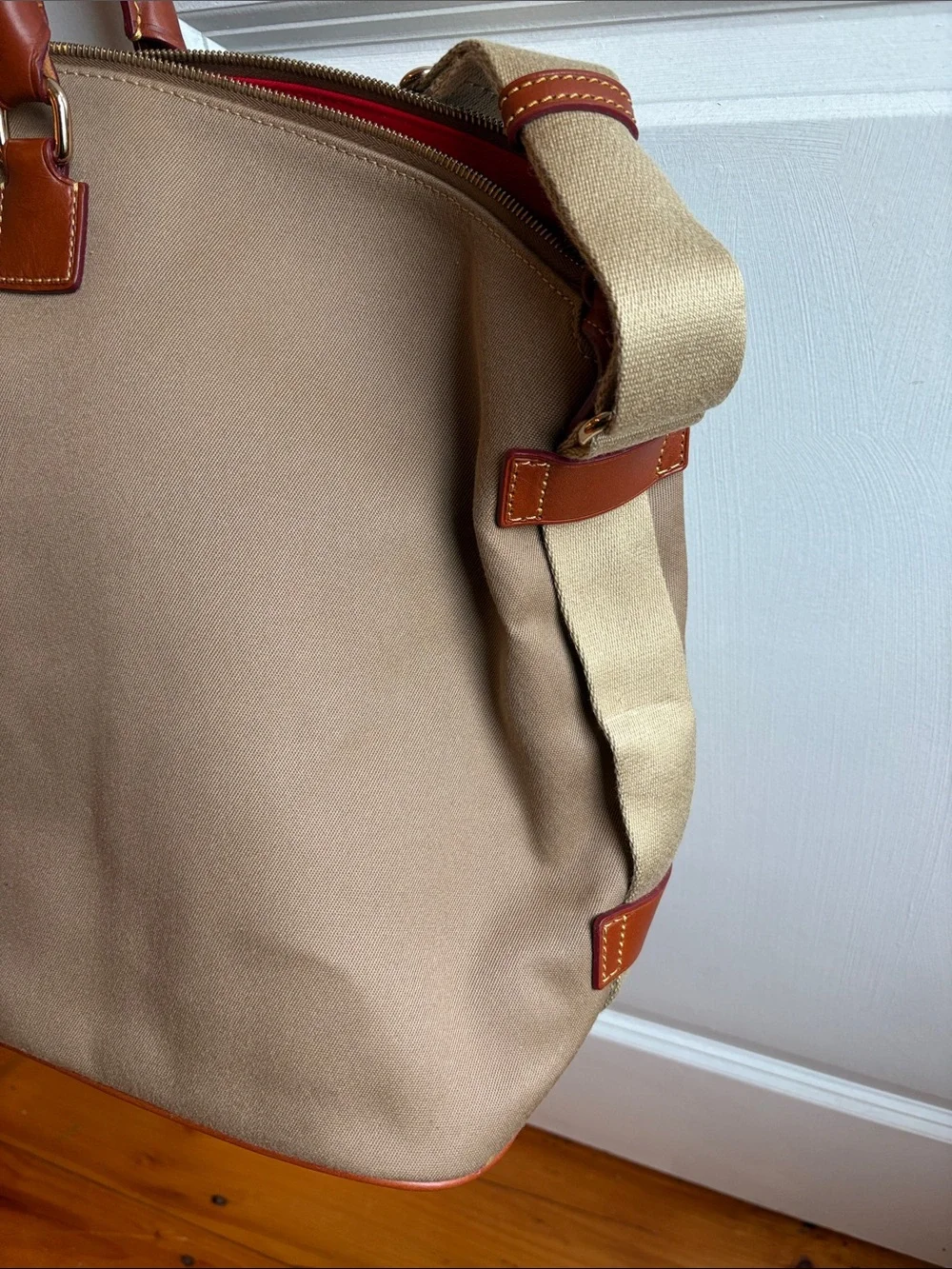 Dooney & Bourke Beige Canvas Duffel with Brown Leather Trim